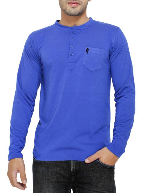 blue color, cotton henley t-shirt - 11422288 - Standard Image - 1