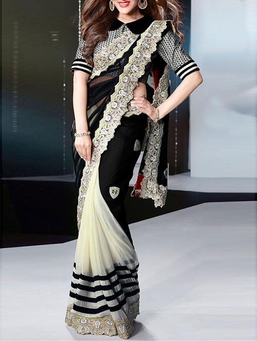 black embroidered georgette half & half saree with blouse - 11424257 - Standard Image - 1