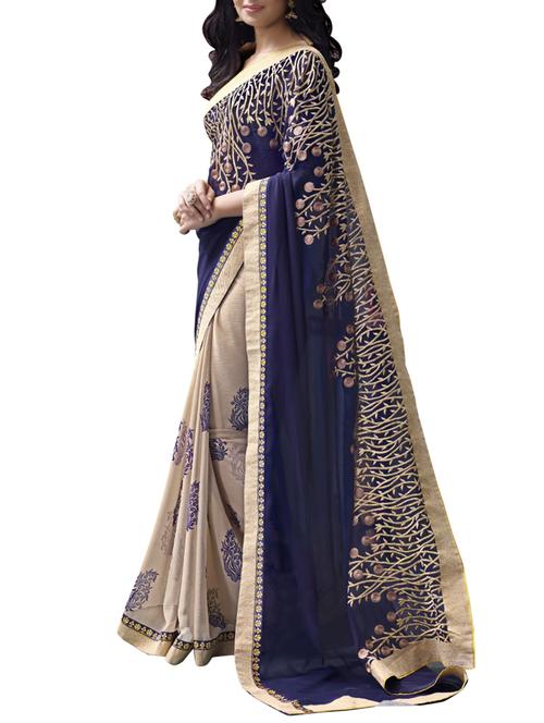 beige georgette embroidered half and half saree with blouse - 11424522 - Standard Image - 1