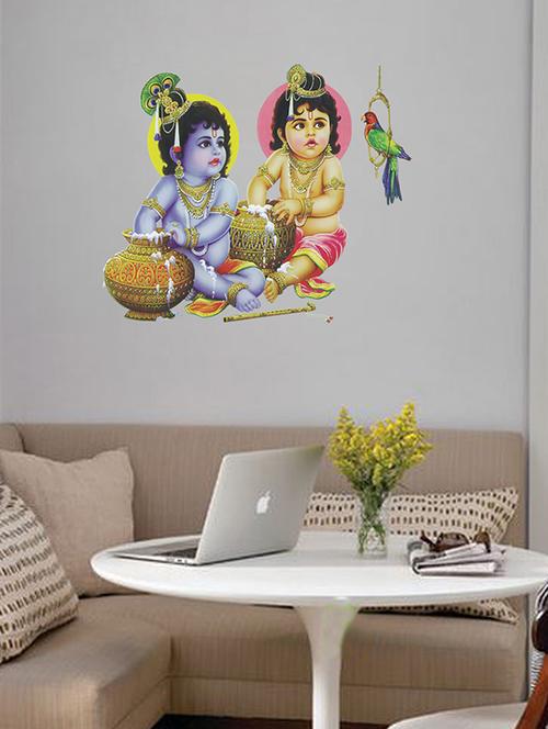 multicolor krishna balaram fabric wall painting - 1144783 - Very Small Image - 1