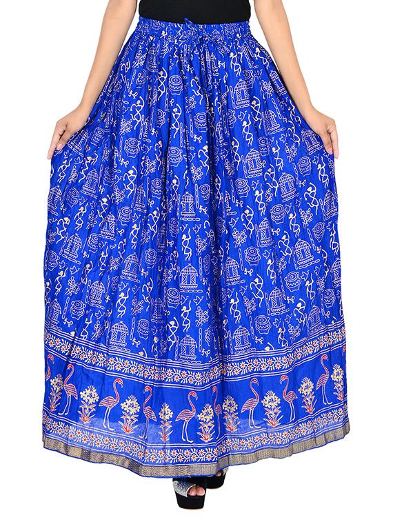 Home Shop Gift Blue Cotton Gold Printed Long Skirt