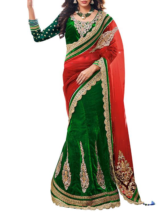 red embroidered half & half saree with blouse - 11454333 - Zoom Image - 1