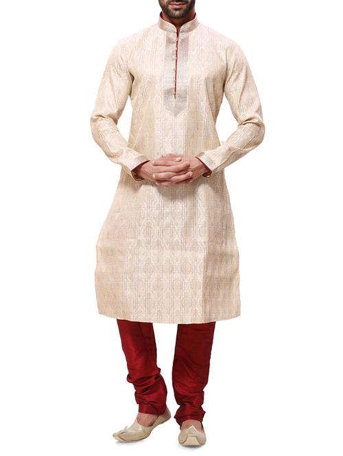 beige silk blend kurta pyjama set - 11458854 - Standard Image - 1