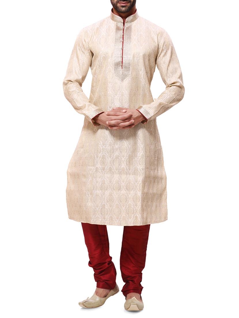 beige silk blend kurta pyjama set - 11458854 - Zoom Image - 1