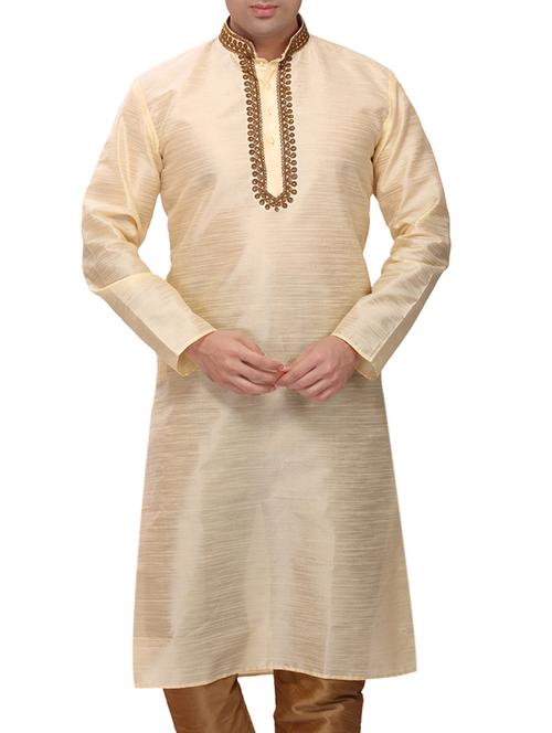 beige silk blend embroidered kurta - 11461483 -  Standard Image - 0