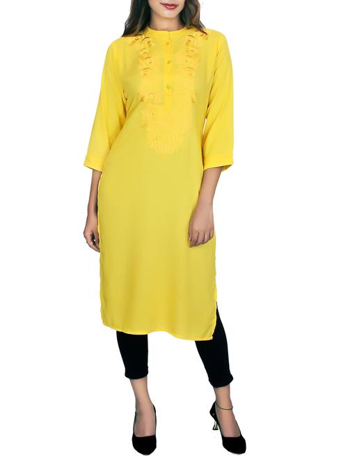 yellow rayon embroidered kurta - 11464986 - Standard Image - 1