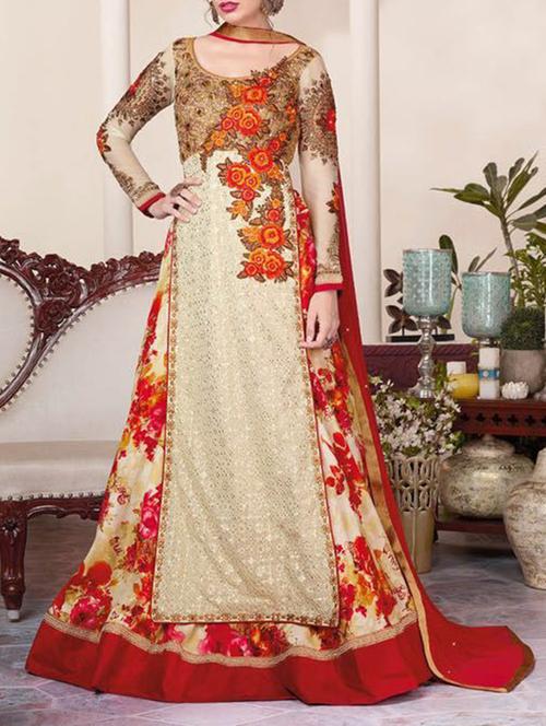 beige georgette unstitched suit - 11474649 - Very Small Image - 1