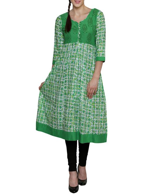green printed flared cotton kurta - 11477713 - Very Small Image - 1