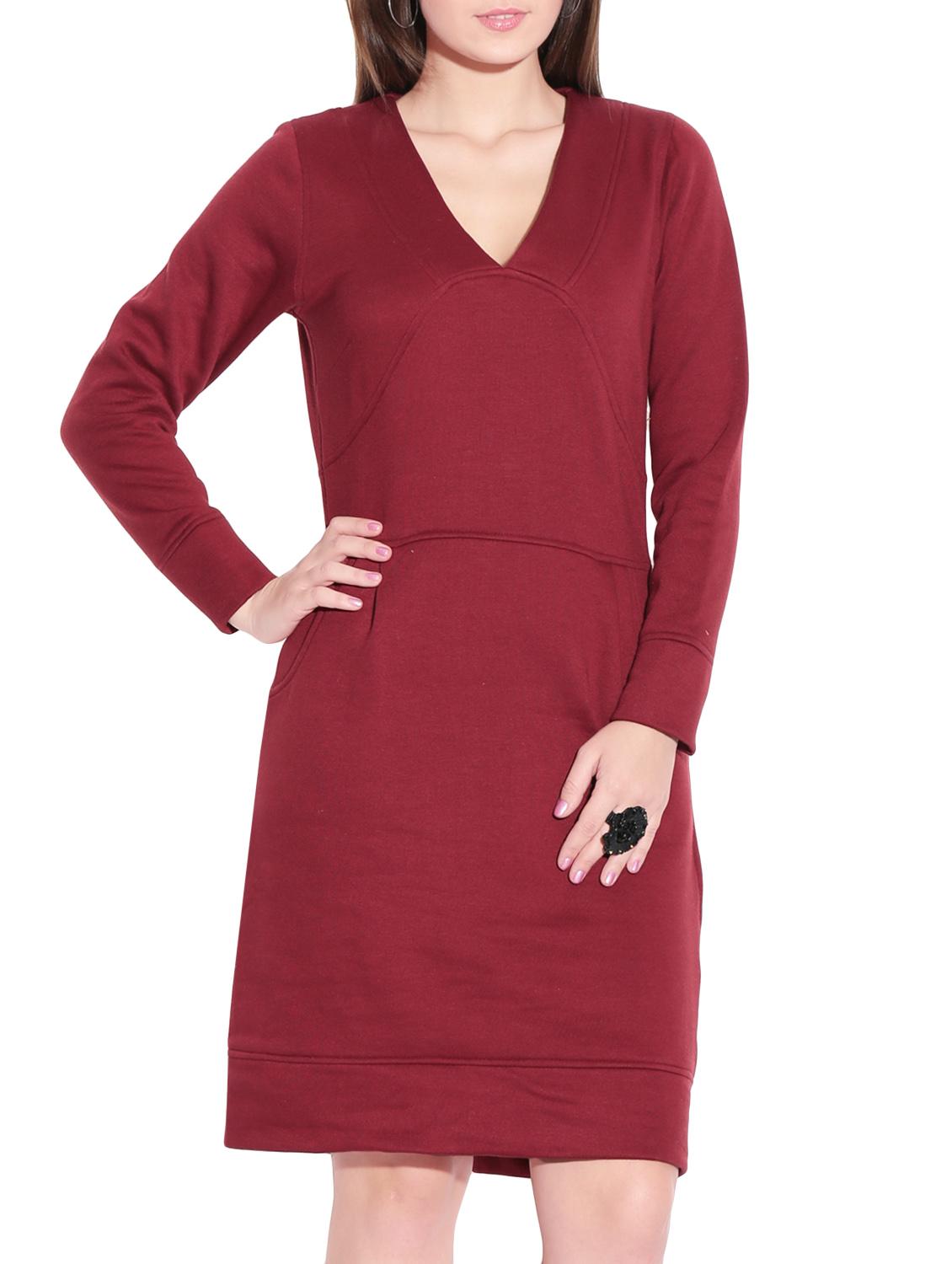 maroon fleece v-neck long dress