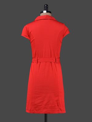 solid red shirt collar belted dress - 1150072 - Standard Image - 3
