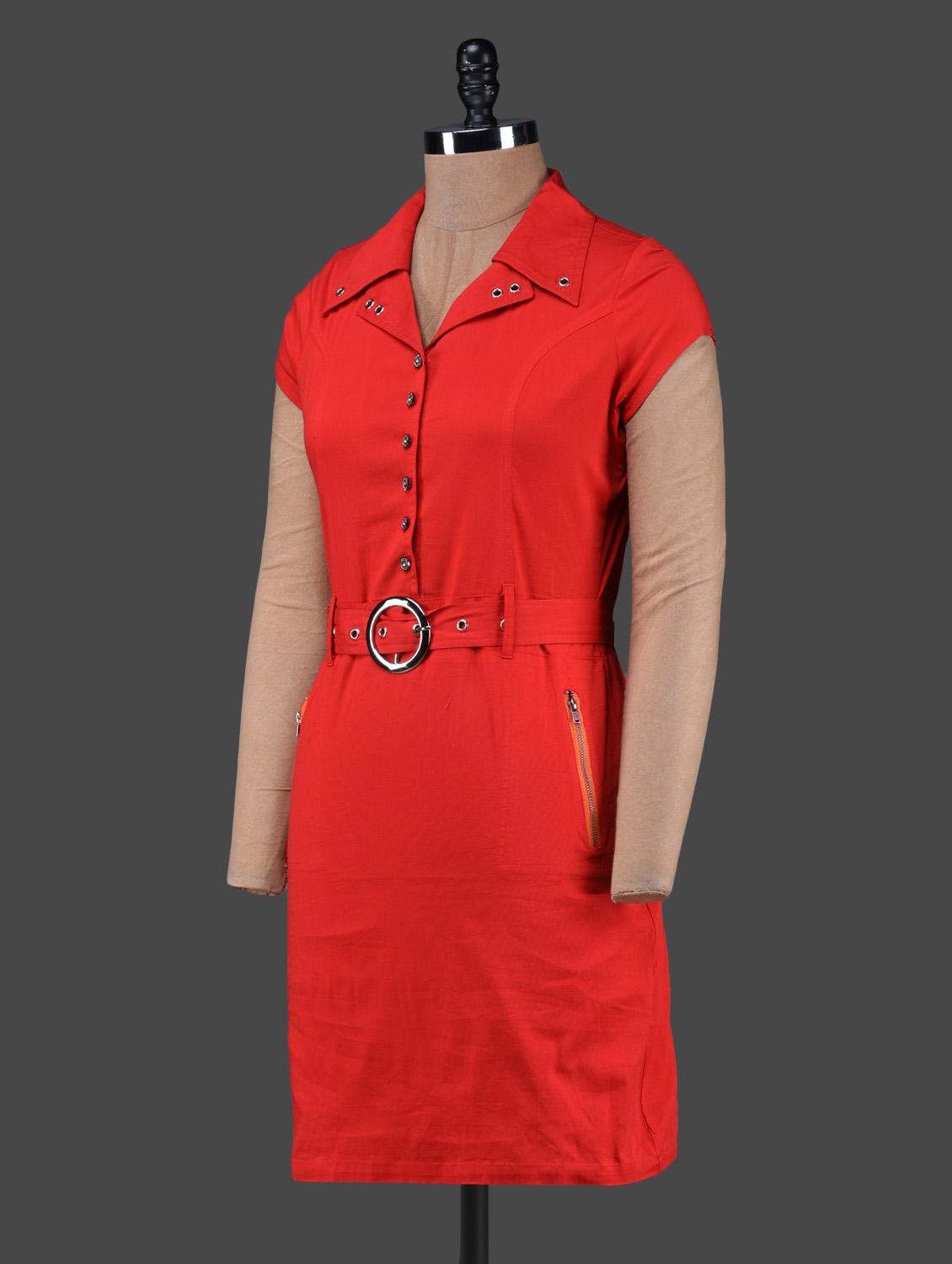 solid red shirt collar belted dress - 1150072 - Zoom Image - 2
