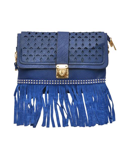 navy blue leatherette cut-out fringed sling bag - 11508234 - Standard Image - 1