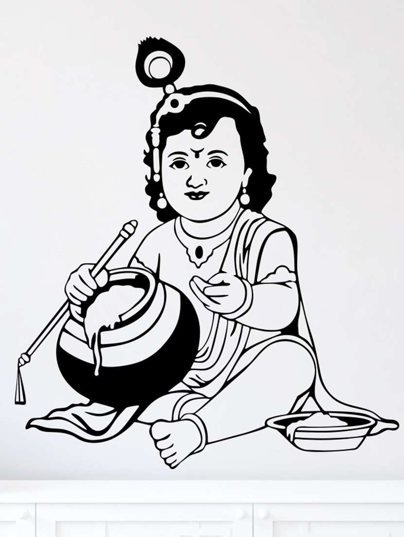Buy Lord Baal Krishna Black Leatherette Wall Sticker for Unisex from