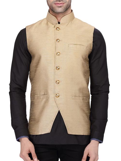 gold silk nehru jacket - 11512933 -  Standard Image - 0