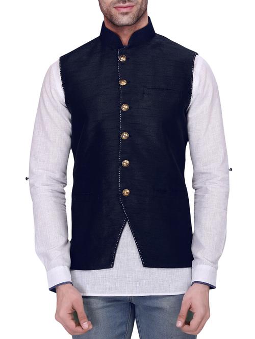 navy blue silk nehru jacket - 11512938 - Standard Image - 1