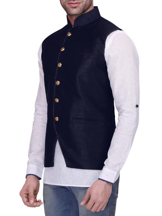 navy blue silk nehru jacket - 11512938 - Zoom Image - 2