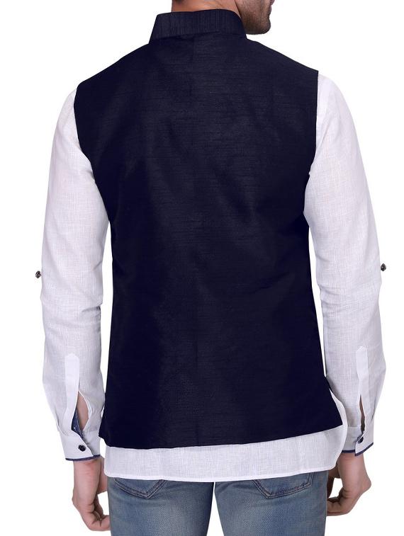 navy blue silk nehru jacket - 11512938 - Zoom Image - 3