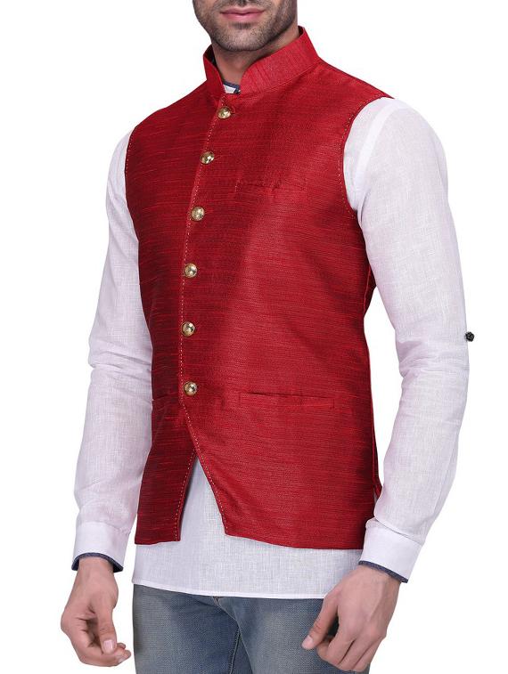 red silk nehru jacket - 11512943 - Zoom Image - 2
