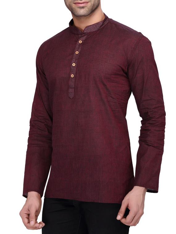 solid wine cotton kurta - 11513196 - Zoom Image - 2