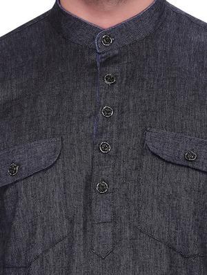 solid charcoal grey cotton short kurta - 11513211 - Standard Image - 4