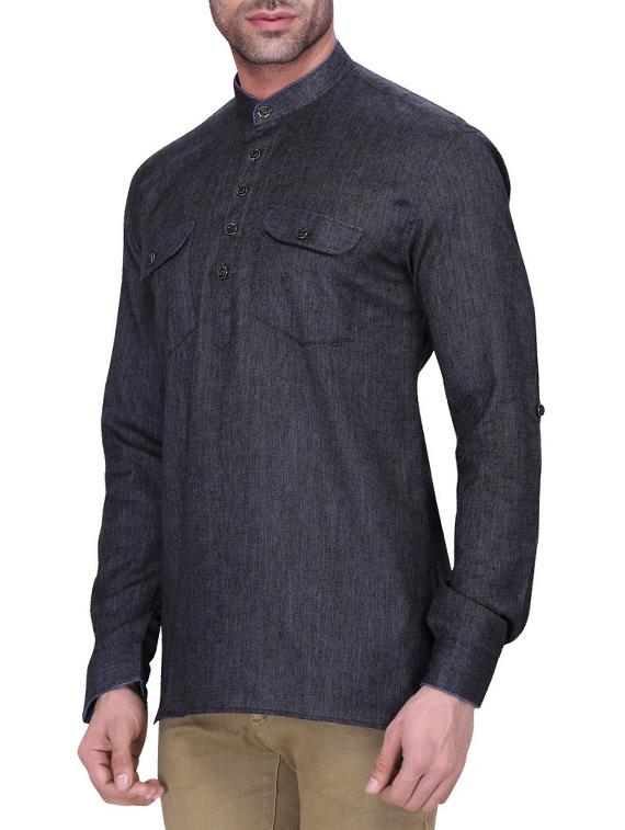 solid charcoal grey cotton short kurta - 11513211 - Zoom Image - 2