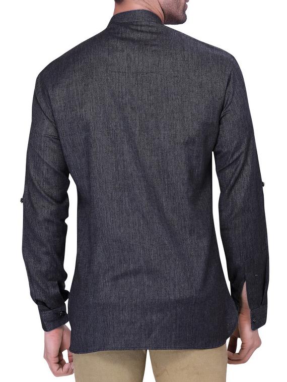solid charcoal grey cotton short kurta - 11513211 - Zoom Image - 3