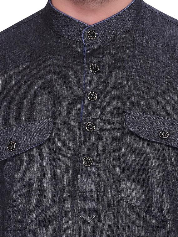 solid charcoal grey cotton short kurta - 11513211 - Zoom Image - 4