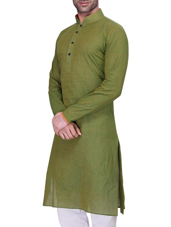 solid olive green cotton kurta - 11513621 - Zoom Image - 2