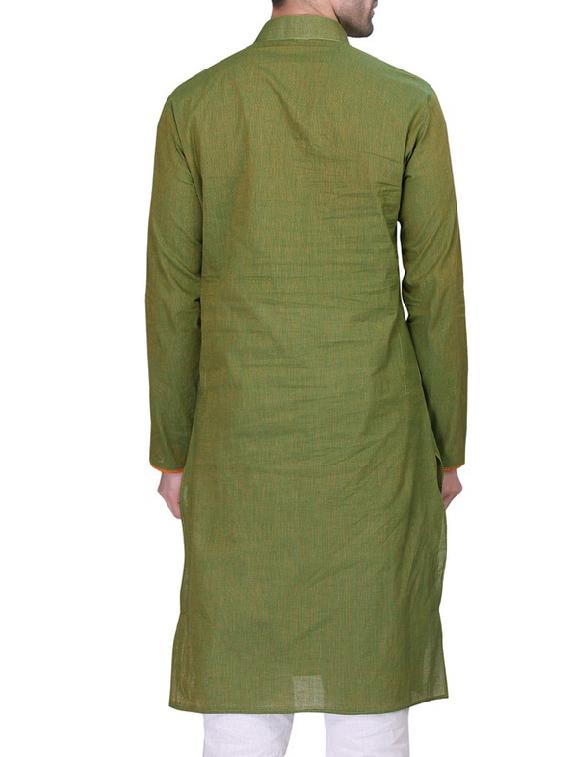 solid olive green cotton kurta - 11513621 - Zoom Image - 3