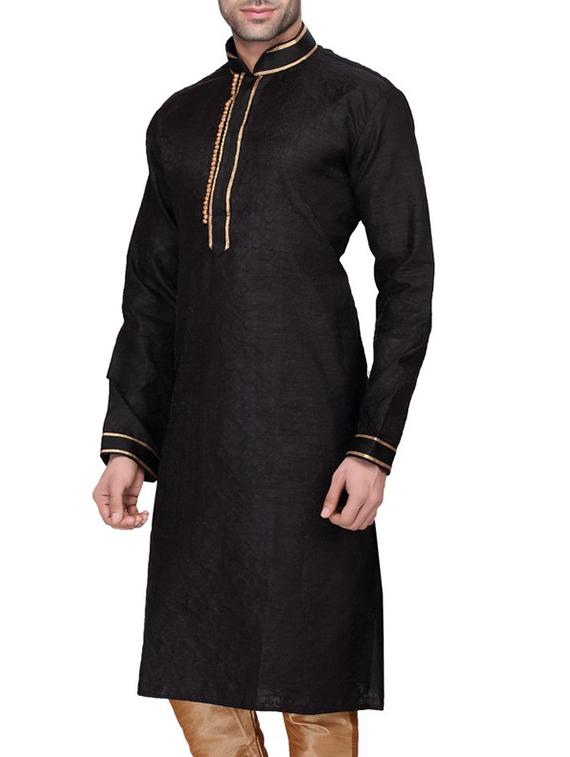 solid black cotton kurta pyjama set - 11513666 - Zoom Image - 2