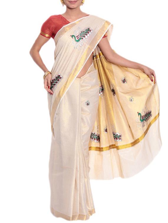 beige cotton kasavu saree with blouse - 11514578 - Zoom Image - 1