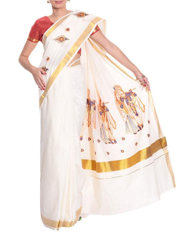 beige cotton kasavu saree with blouse - 11514583 - Zoom Image - 1