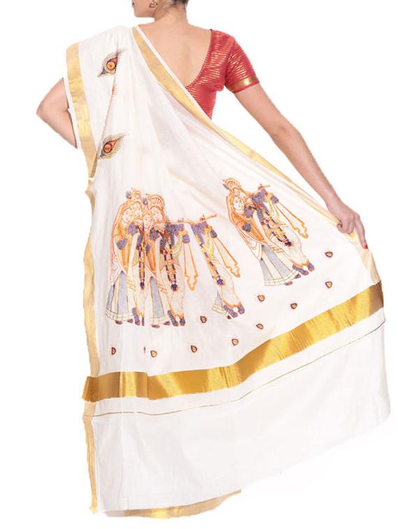 beige cotton kasavu saree with blouse - 11514583 - Zoom Image - 2