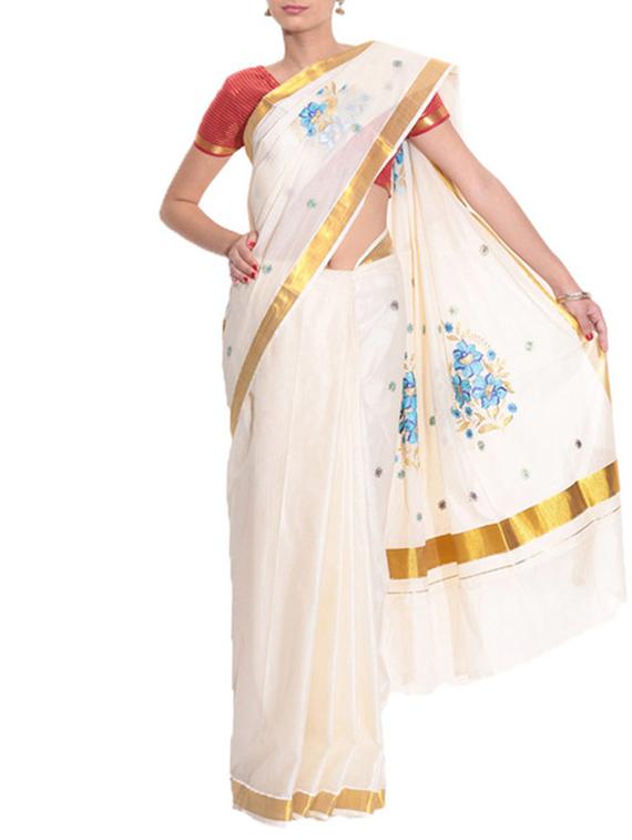 beige cotton kasavu saree with blouse - 11514600 - Zoom Image - 1