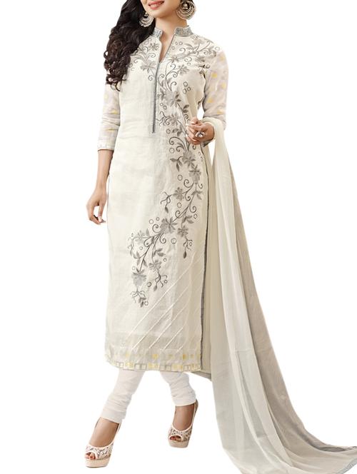white cotton unstitched suit - 11525971 - Standard Image - 1