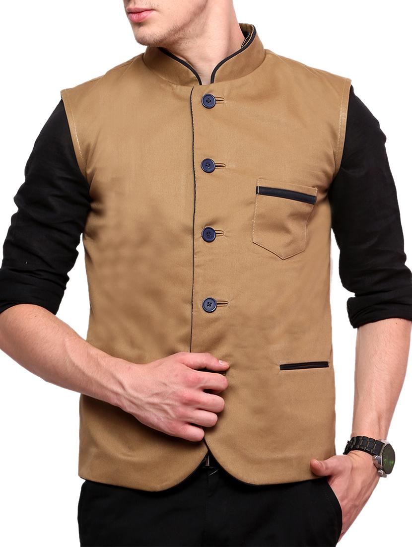 solid brown cotton nehru jacket - 11536383 - Zoom Image - 1