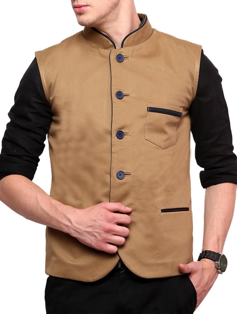 solid brown cotton nehru jacket