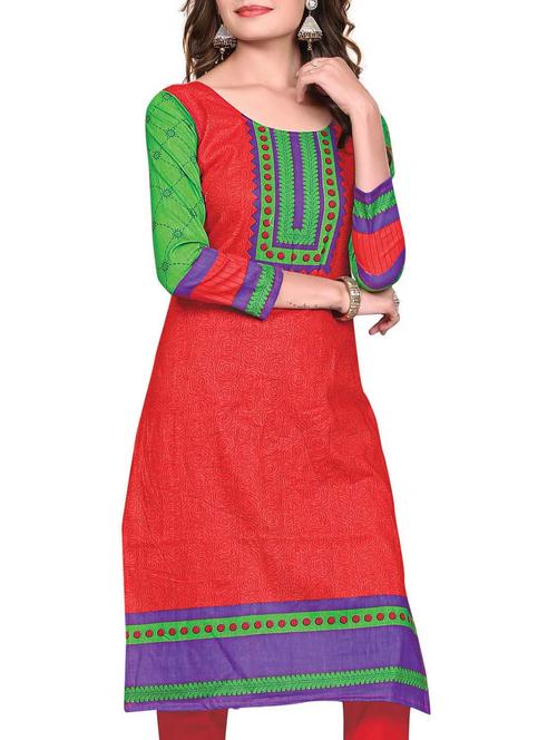 red cotton printed unstitched kurta - 11539644 - Very Small Image - 1