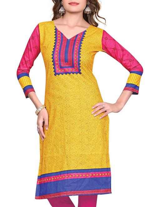 yellow cotton printed unstitched kurta - 11539645 - Very Small Image - 1