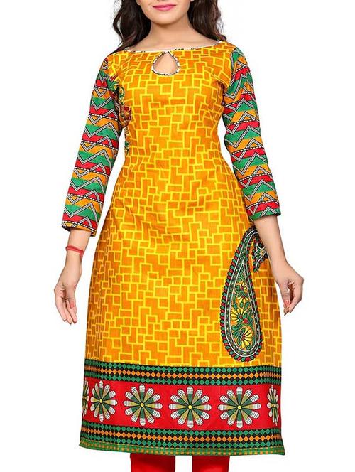 yellow cotton printed unstitched kurta - 11539711 - Very Small Image - 1