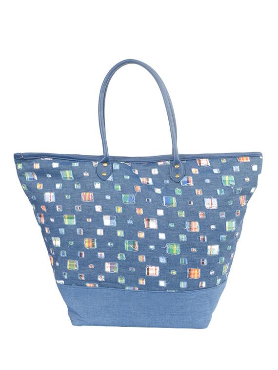 blue cotton printed shopping bag