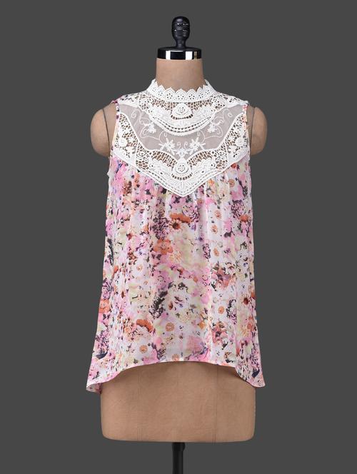 high neck lace yoke sleeveless floral print top - 1157040 - Very Small Image - 1