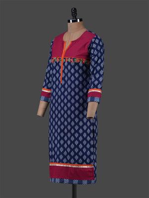 blue embroidered yoke printed cotton kurta - 1157339 - Standard Image - 2