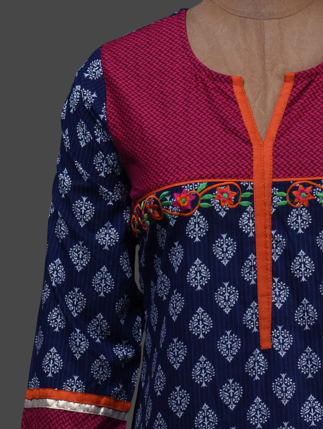 blue embroidered yoke printed cotton kurta - 1157339 - Zoom Image - 4