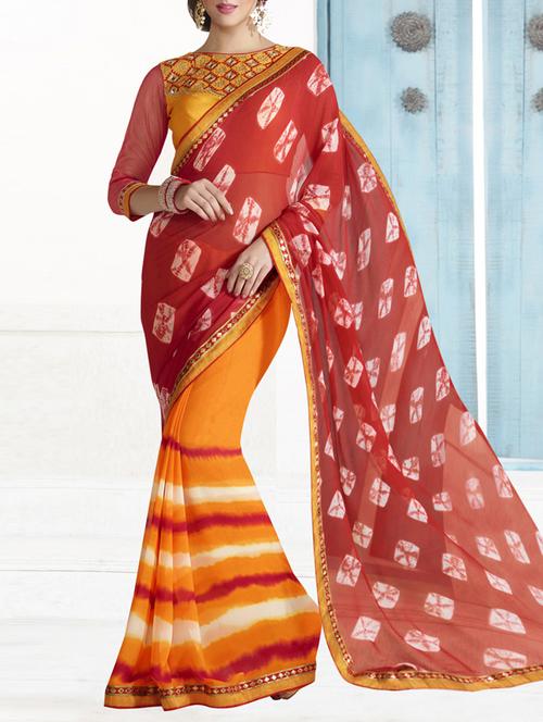 red and yellow printed georgette saree with blouse - 11573878 - Very Small Image - 1
