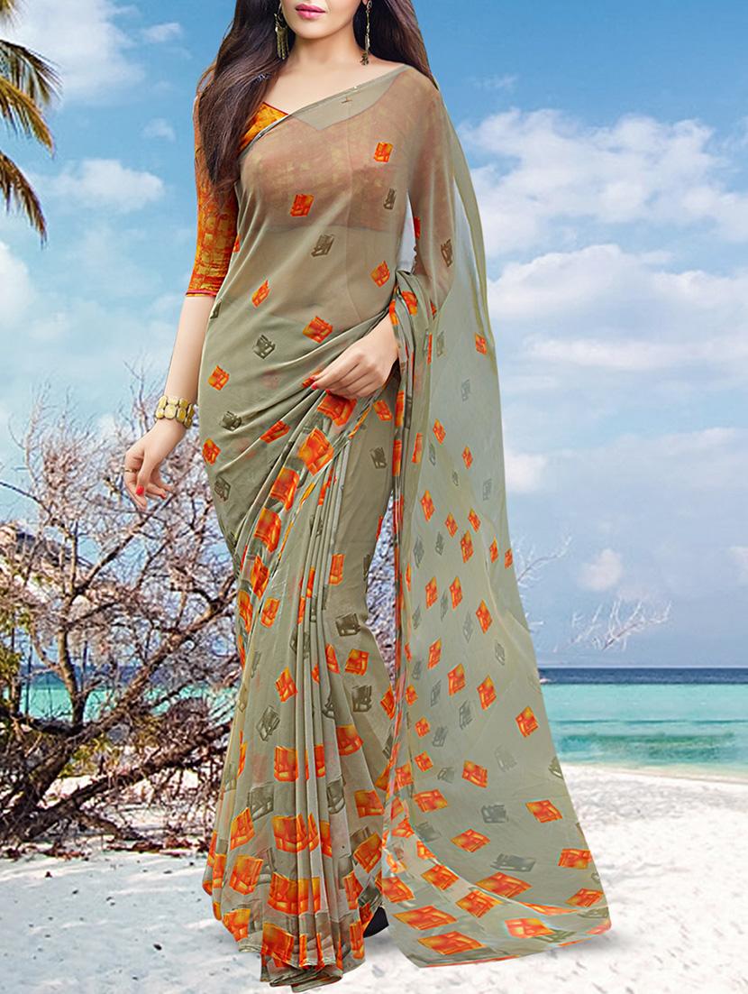 olive printed saree with blouse - 11573890 - Zoom Image - 1