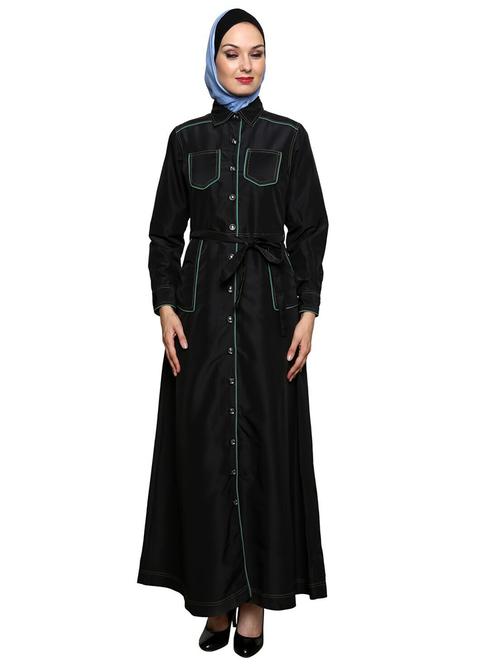 solid black abaya with waist belt - 11575964 - Standard Image - 1