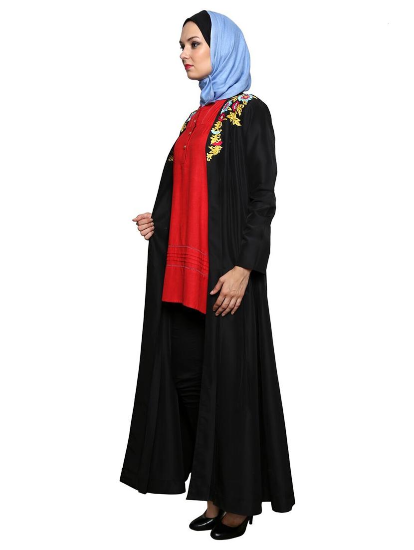 black embroidered front open abaya - 11575971 - Zoom Image - 2