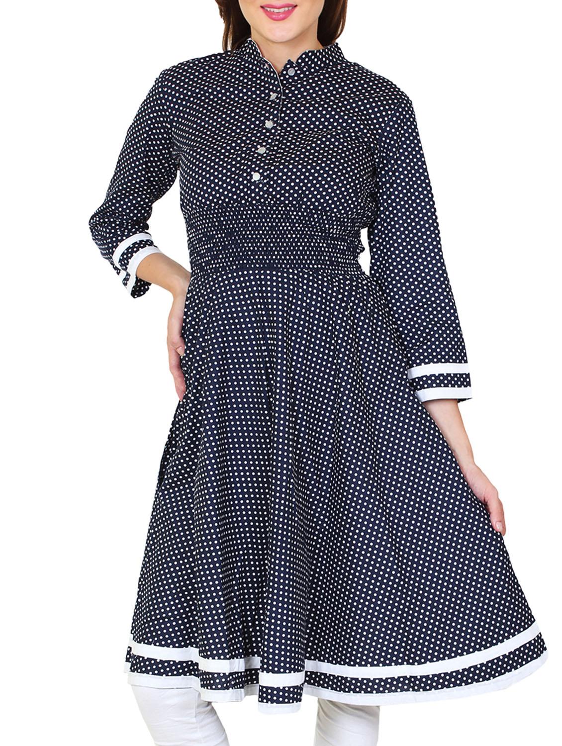 navy blue cotton polka dots printed anarkali