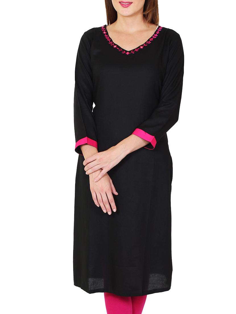black rayon palin straight kurta - 11588753 - Zoom Image - 1